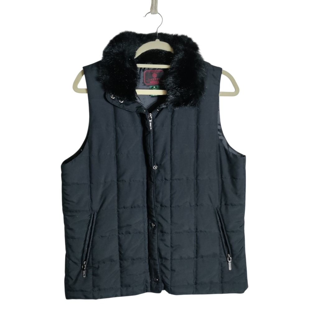Lauren Ralph Lauren Black Quilted Puffer Vest Faux Fur Collar Womens Medium